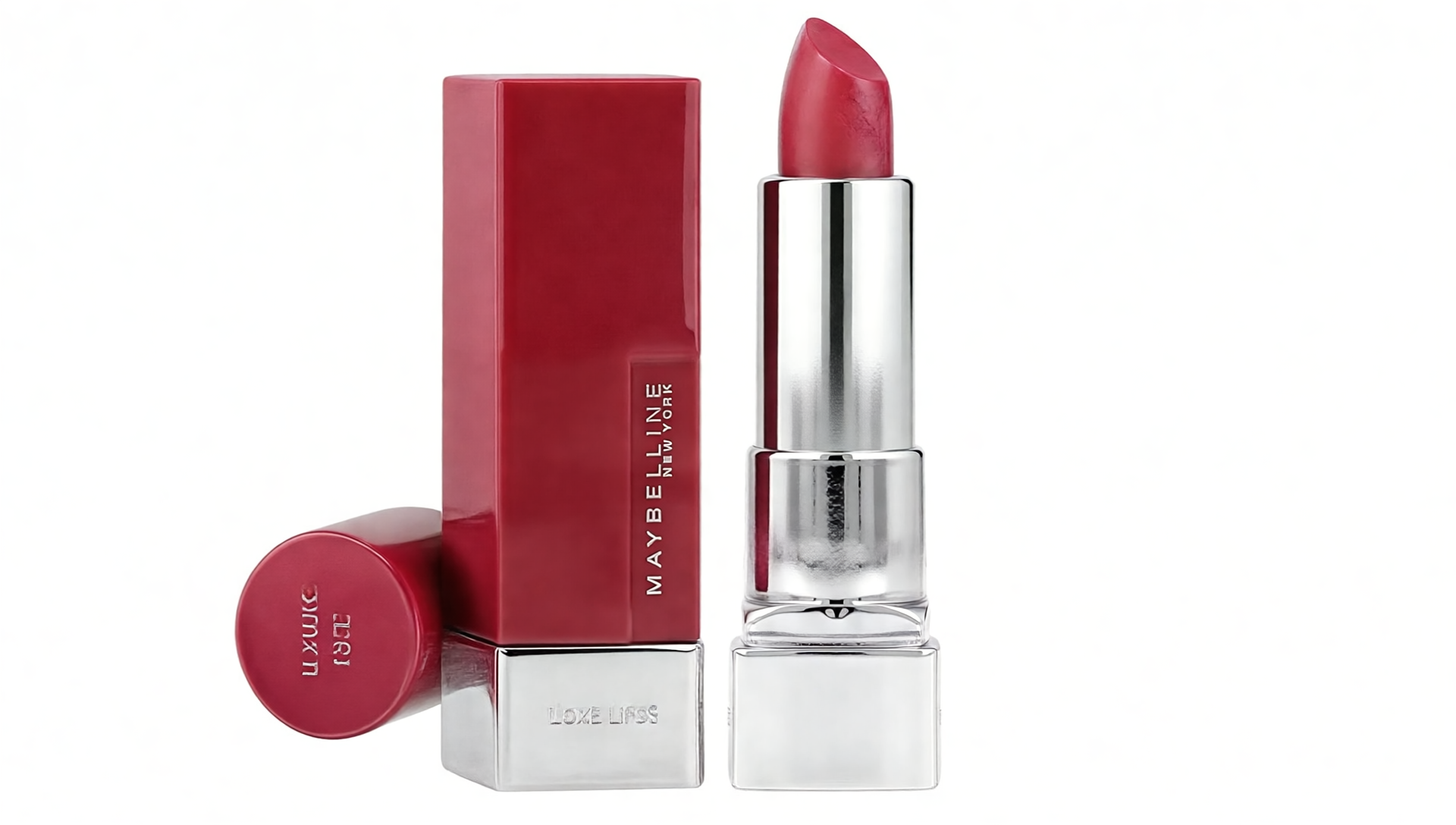 Luxe Lips - Image Ad: Hero shot of Luxe Lips lipstick in sleek, rectangular packaging with a matte red cap and shiny silver-toned casing, under vibrant, confident lighting.