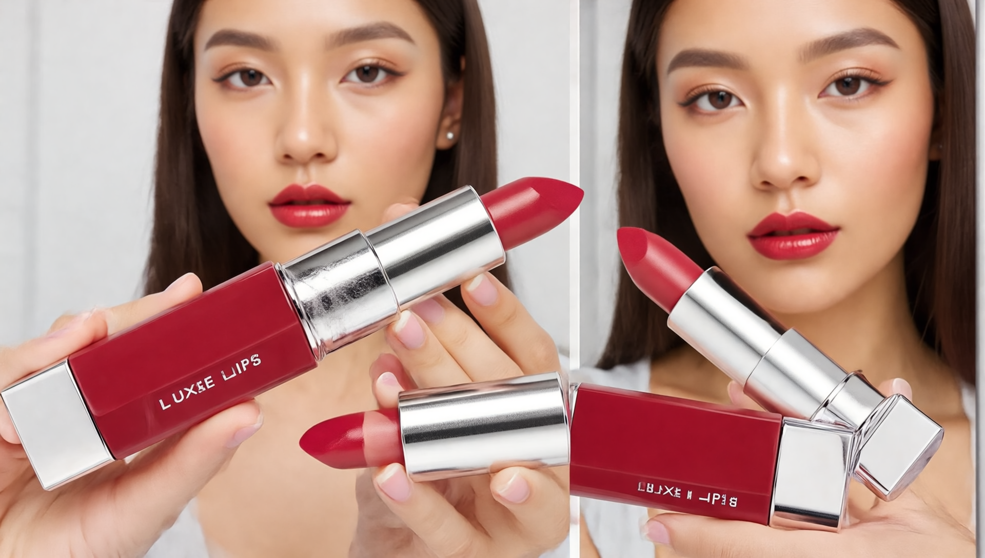Luxe Lips - Image Ad: Lifestyle scene showing Young, trendy women (18-35) looking for a premium and empowering lipstick using Luxe Lips's product.